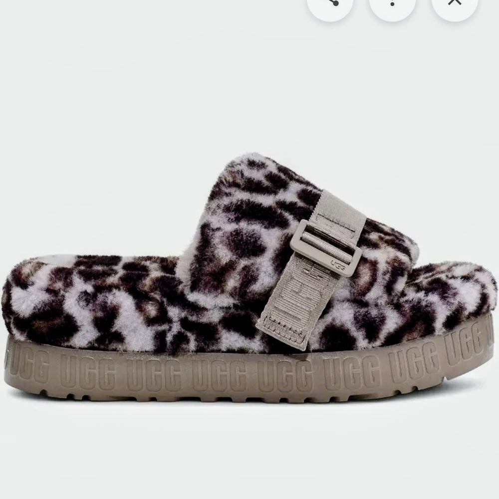 UGG Fluff Slide Sandal in Leopard Print Gray & Black
